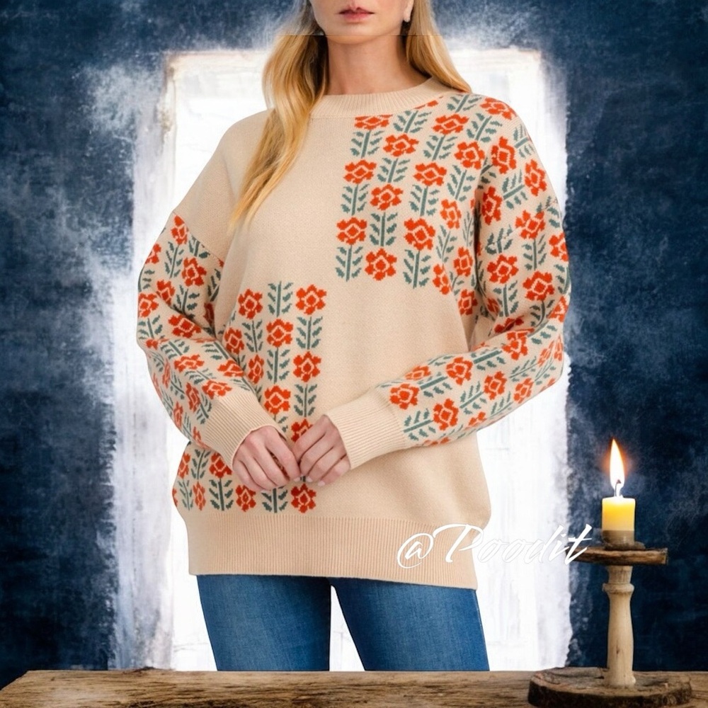 POLAGRAM Floral print pull over sweater S M L - Picture 3 of 9
